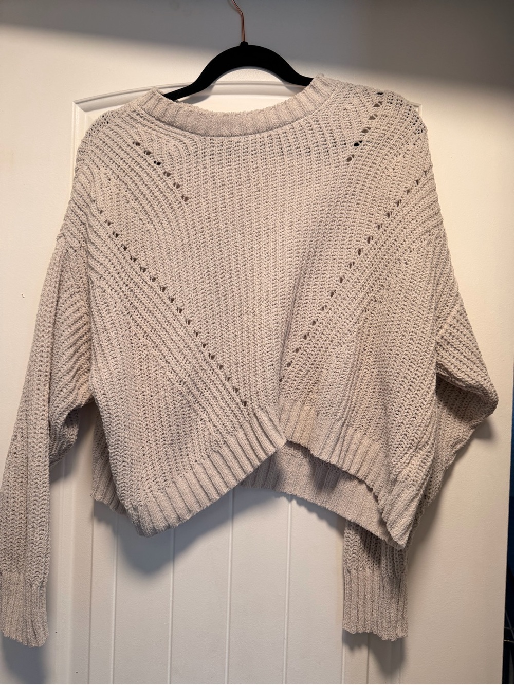 American Eagle Outfitters Cropped Open-Stitch Crewneck Sweater - Cream